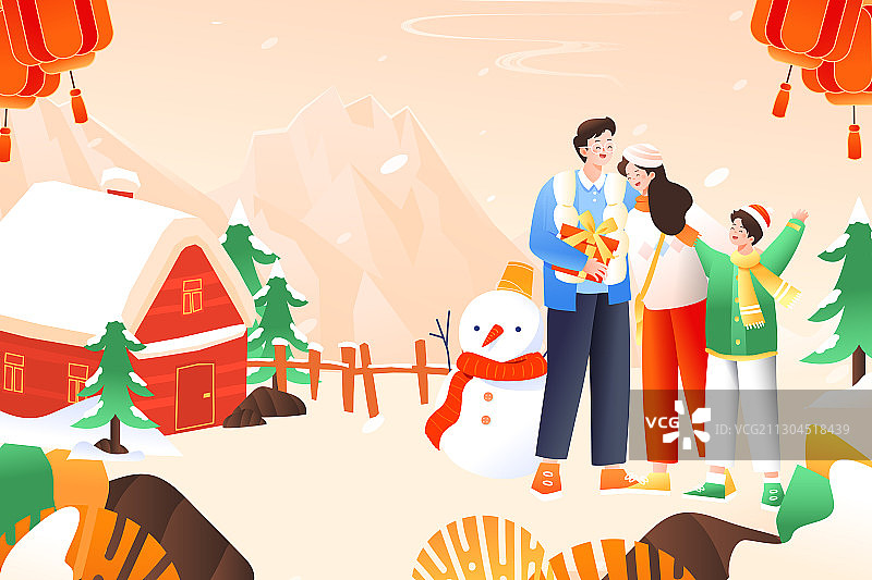 卡通春节新年喜庆家人团圆团聚全家福回家过年春运中国风矢量插画图片素材