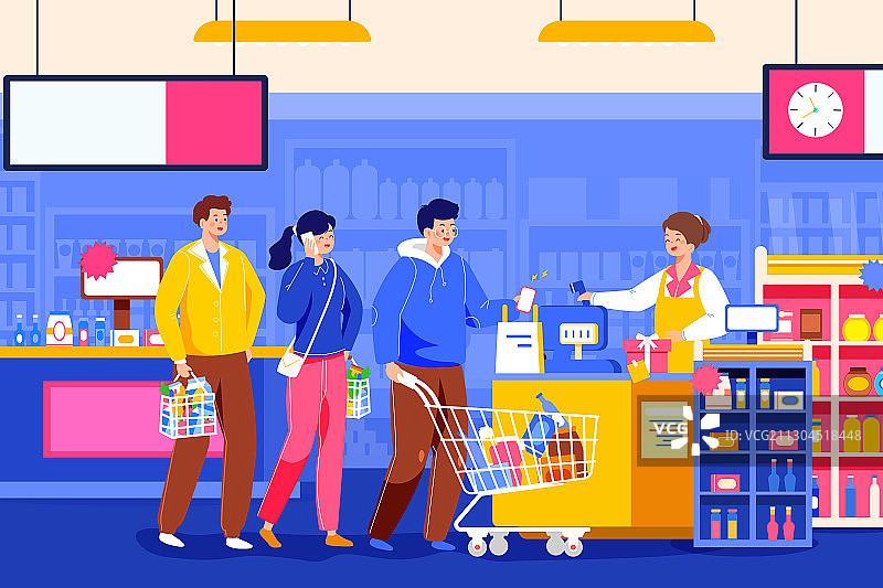 卡通双十二购物节超市消费券付款红包邀请好友青年老人矢量插画图片素材