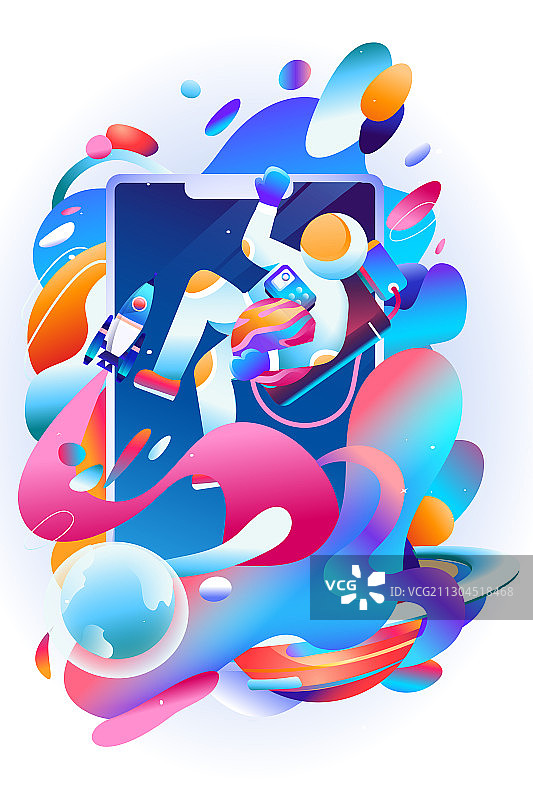 卡通渐变星球宇航员攀岩失重电源火箭加速通道科技概念矢量插画图片素材