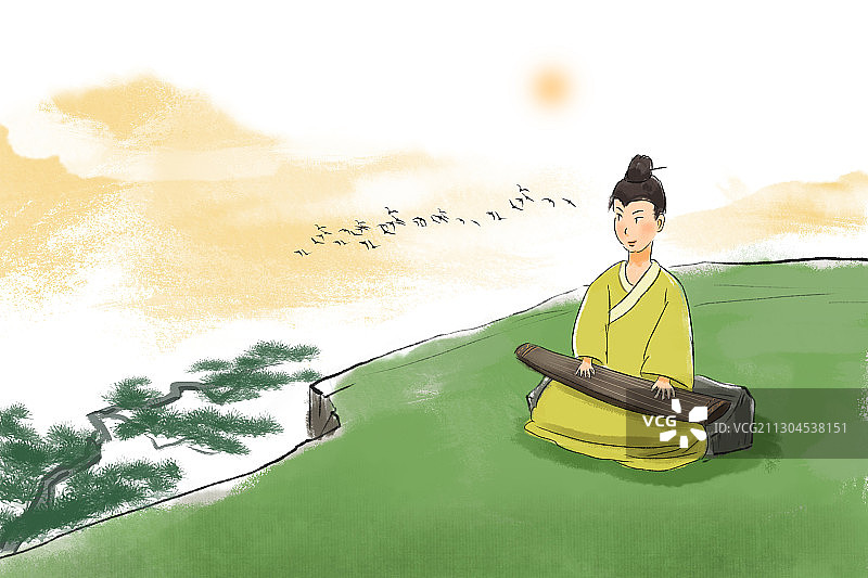 盘坐抚琴图片素材