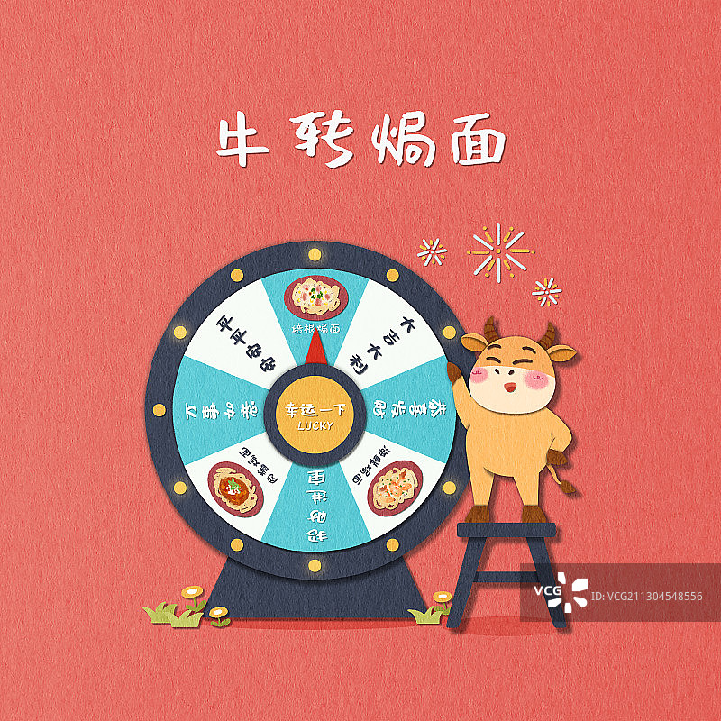 牛年成语-牛转焗面剪纸风格图片素材