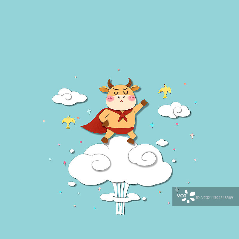 牛年成语-气冲牛斗剪纸风格图片素材