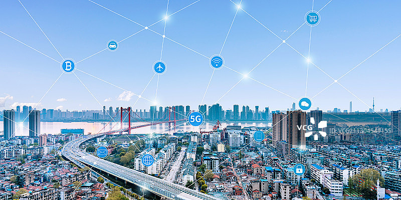 中国湖北武汉长江大桥风光和城市互联大数据概念图片素材