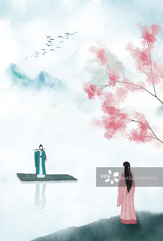 落花时节又逢君中式水彩插画图片素材