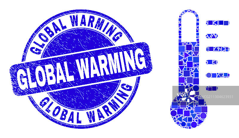 蓝色Grunge风格全球变暖印章和温度计图片素材