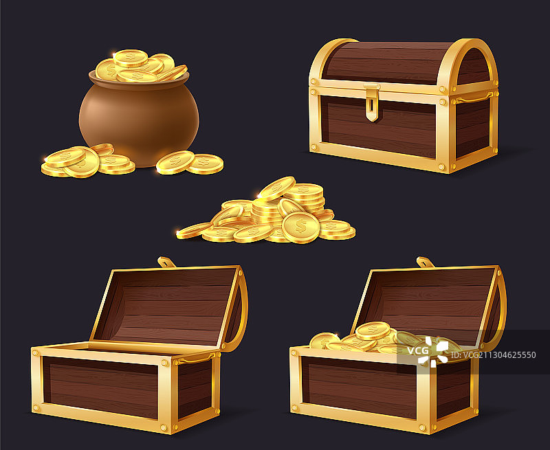 装满金币的箱子和胸包图片素材