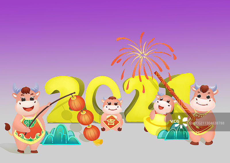 牛年小牛放烟花挂灯笼庆祝新春场景插画图片素材