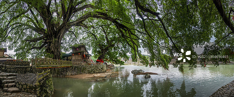 福建漳州南靖云水瑶古镇大榕树下小溪边的古栈道图片素材