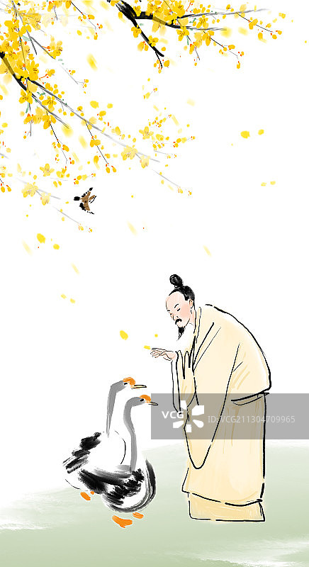 文学插画醉酒诗人仙鹤下棋图片素材