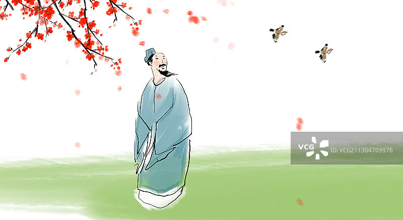 文学插画醉酒诗人仙鹤下棋图片素材