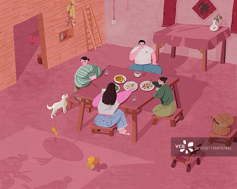 温馨农家团圆饭扁平风插画图片素材