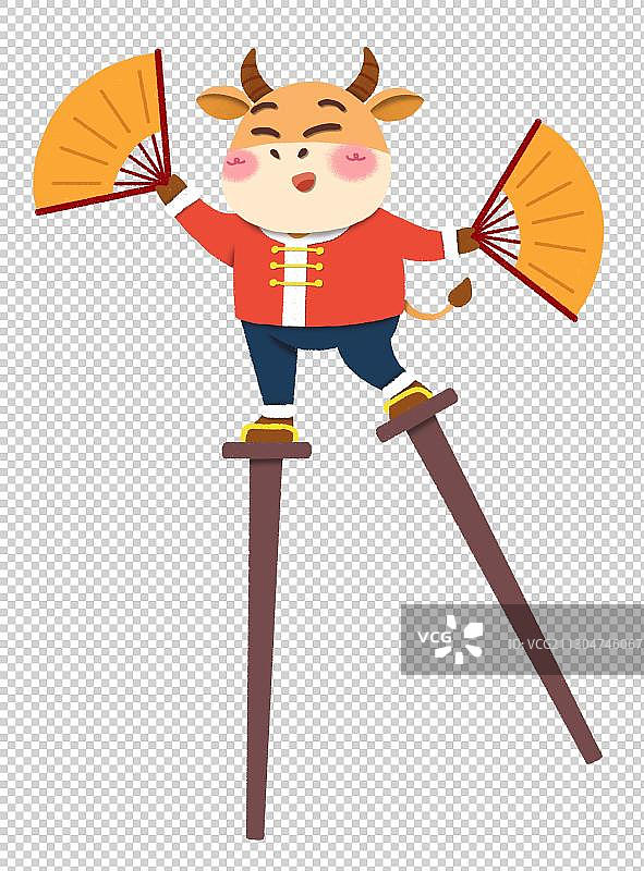 踩高跷舞扇子的牛扁平风剪纸风格图片素材