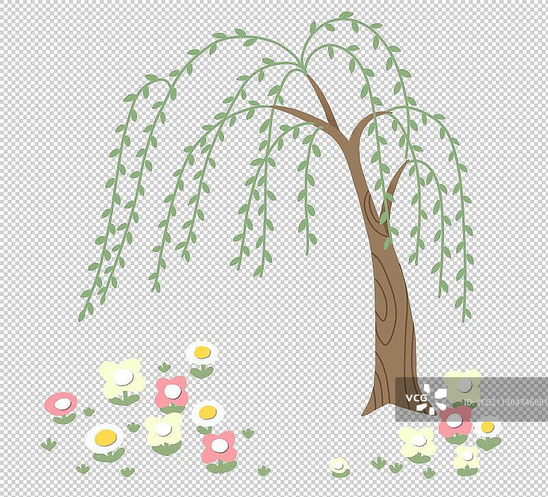 柳树和花丛扁平风图片素材
