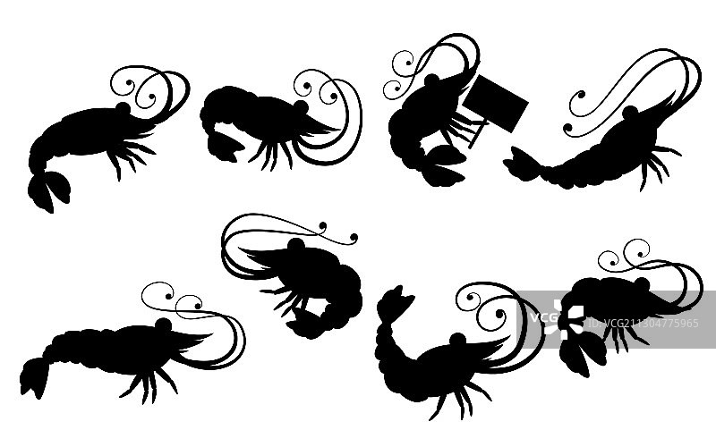 黑色剪影可爱卡通虾组合图片素材