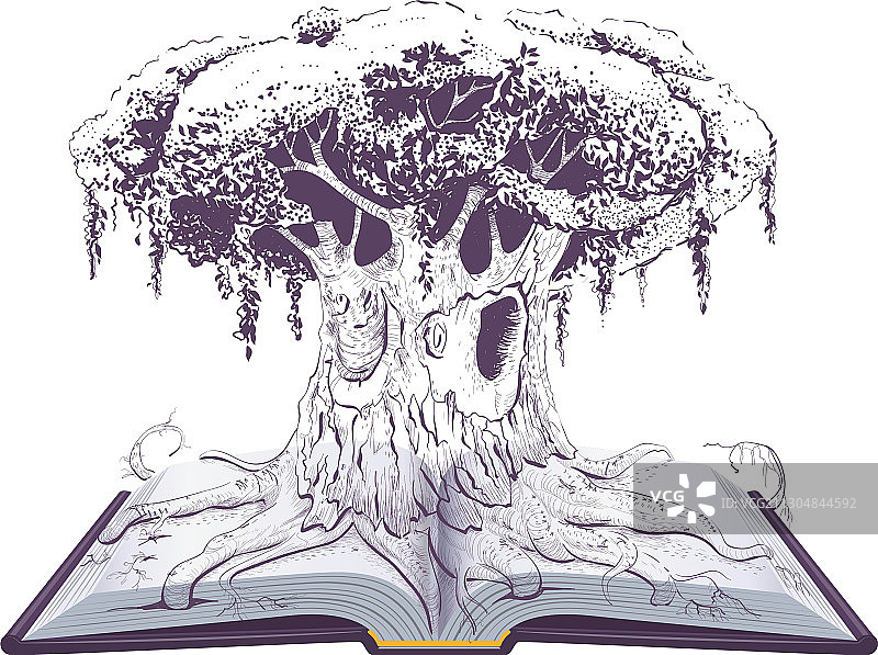 在打开的书本上阅读的大型古树知识图片素材