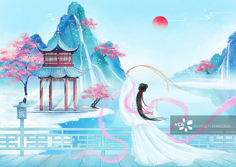 山中湖泊上与鹤共舞的白衣女子图片素材