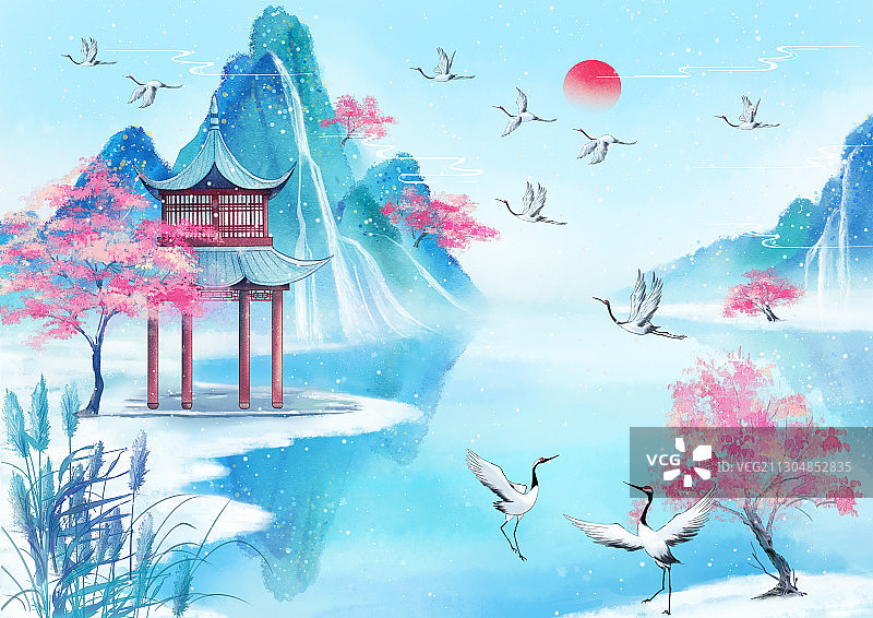 手绘国风意境山水风景插画图片素材