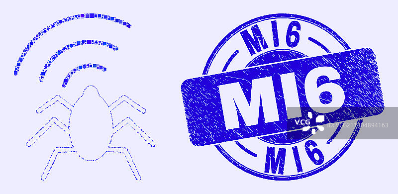 蓝色Grunge风格MI6印章和无线电窃听器图案图片素材