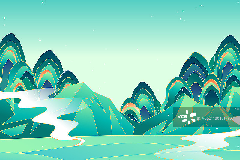 卡通中国风山水画古风新中式自然风景仙鹤动物祥云喜庆矢量插画图片素材