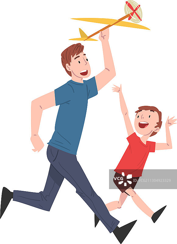 父亲和儿子一起放飞模型飞机图片素材