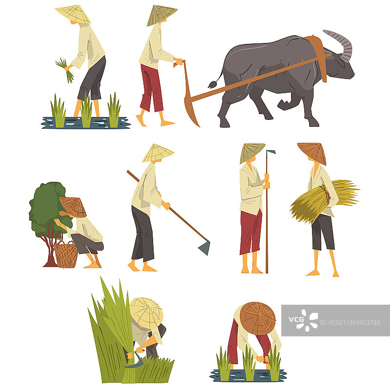 戴着锥形草帽的亚洲农民在工作图片素材