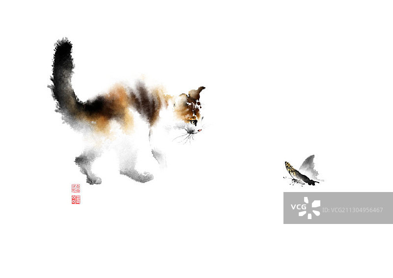 猫戏蝶墨水画图片素材