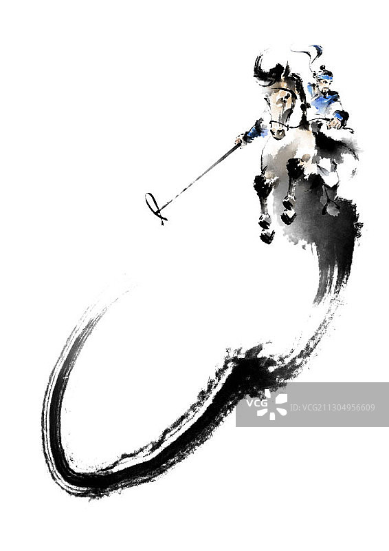 水墨画：男子打马球图片素材