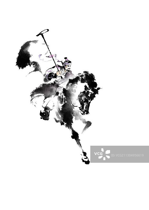 水墨画：男子打马球图片素材