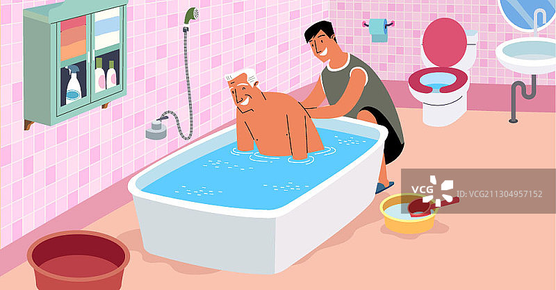 志愿者帮助老人洗澡图片素材