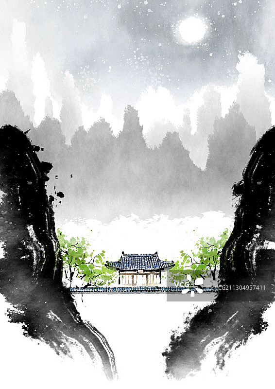 韩屋和月亮漂浮的夜空景观图片素材