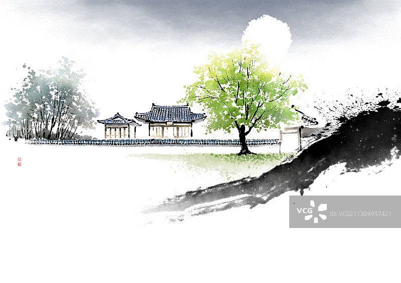 韩屋和月亮漂浮的夜空景观图片素材