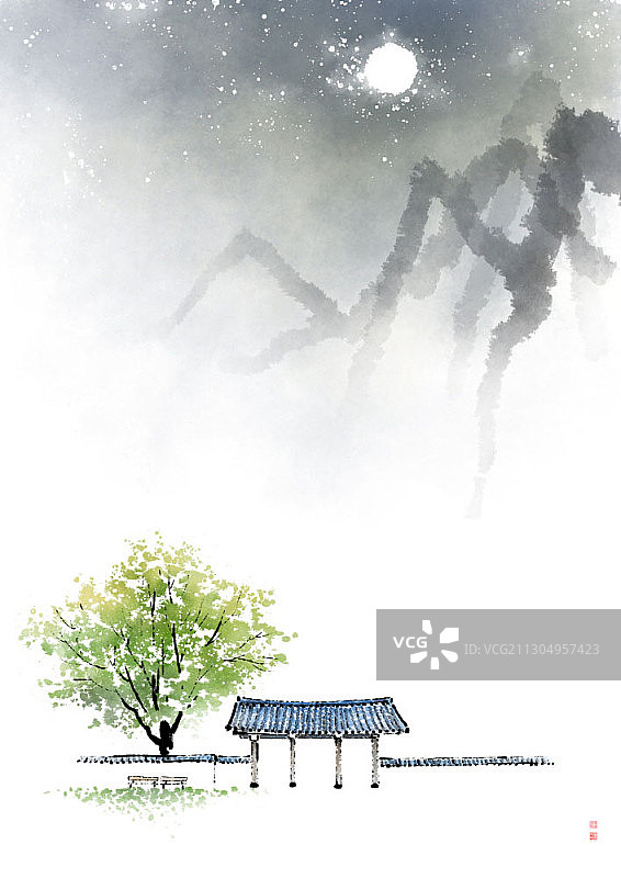 韩屋和月亮漂浮的夜空景观图片素材