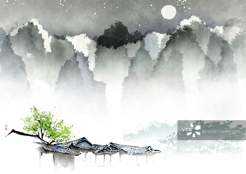韩屋和月亮漂浮的夜空景观图片素材