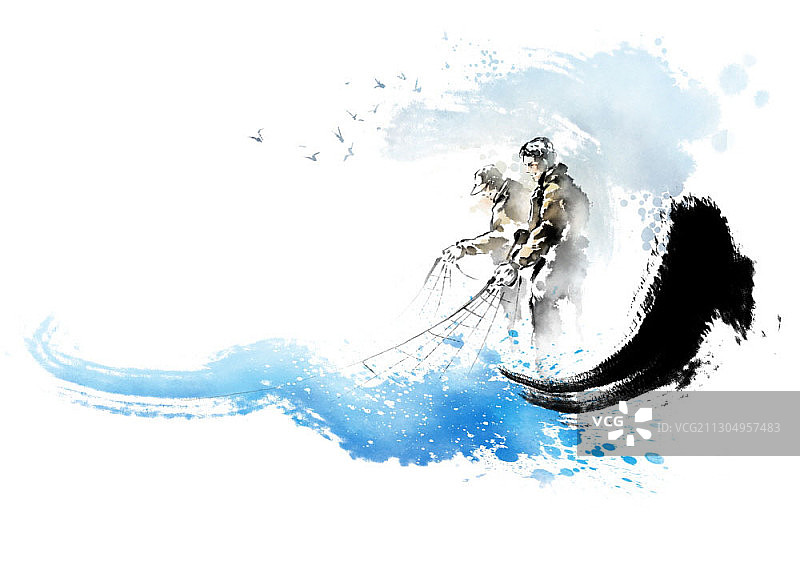 正在撒网的渔民图片素材