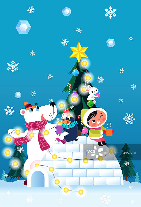 孩子和小动物坐在冰屋上图片素材