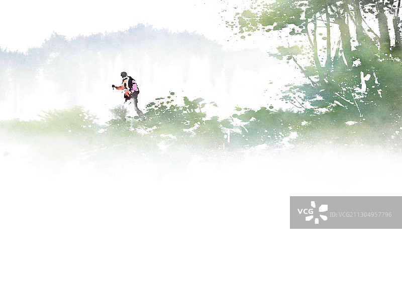 徒步旅行者穿过森林的水墨画图片素材