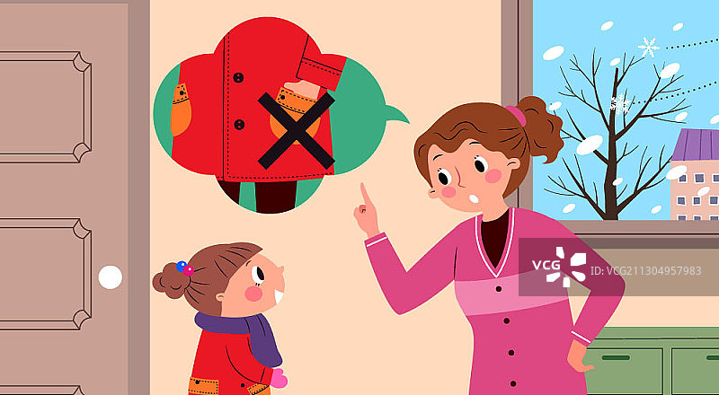 雪天里，妈妈阻止孩子把手放进口袋图片素材