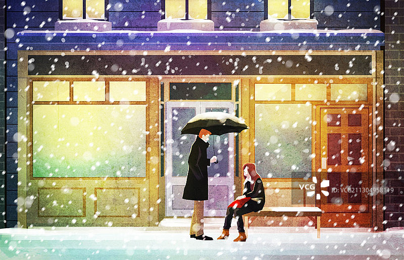 雪夜咖啡馆前，撑伞的男人和女人图片素材