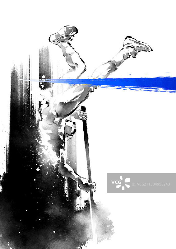 运动员跨越障碍的水墨画和色彩点缀图片素材