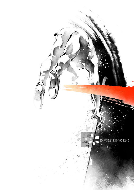 运动员跨越障碍的水墨画和色彩点缀图片素材
