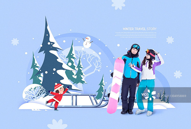 情侣身穿滑雪服和冬季主题插画图片素材
