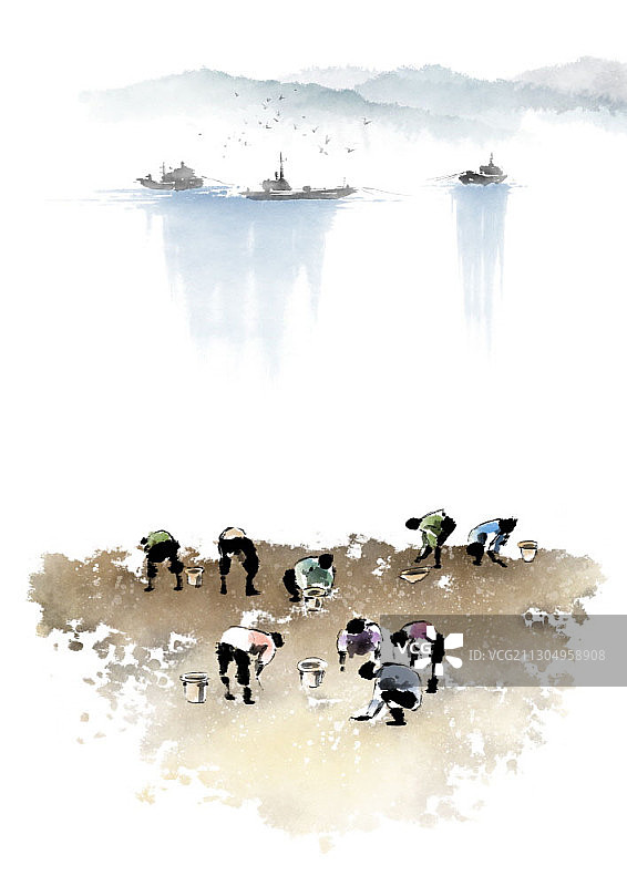 在岸边捕鱼的渔民图片素材