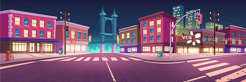 夜晚有房屋和高架道路的城市街道图片素材
