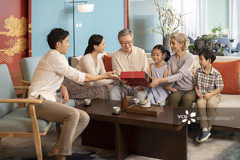 年轻夫妇带着孩子看望父母图片素材