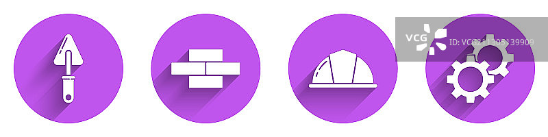 泥刀、砖块、工人安全帽和装备图案套装图片素材