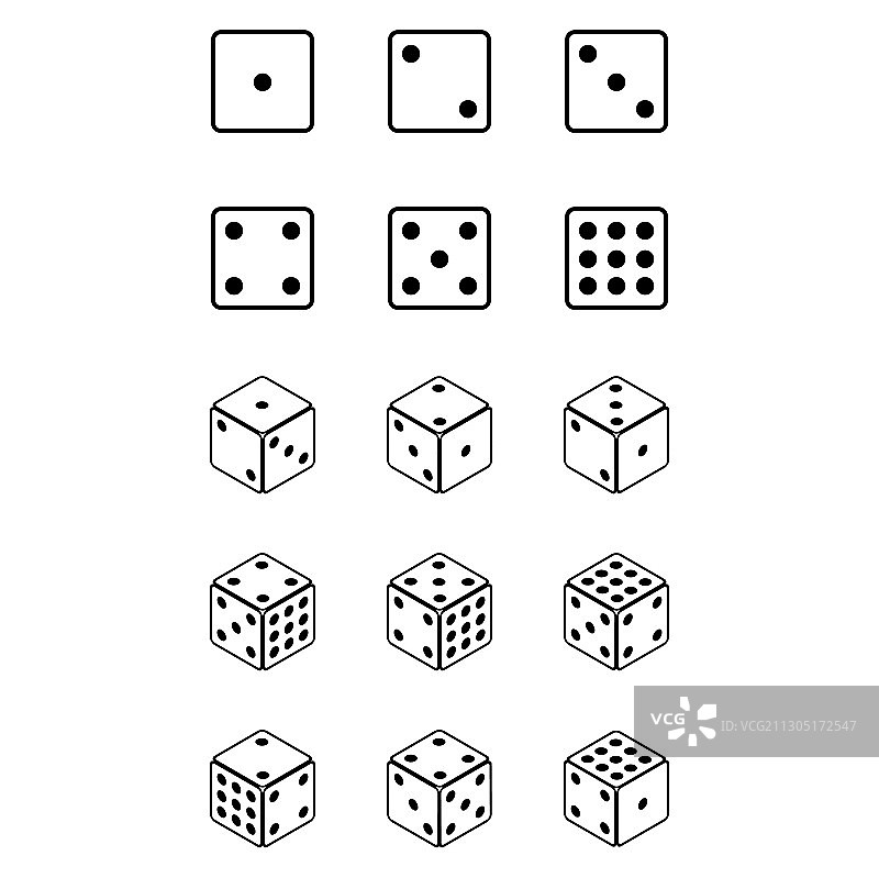 骰子图标集轮廓样式完整集隔离图片素材