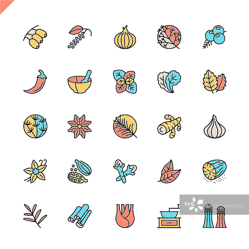 扁平线条香料调味品和草药图标图片素材