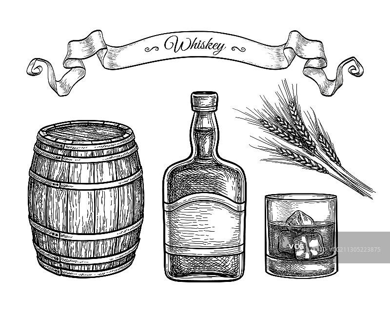 威士忌水墨速写套装图片素材