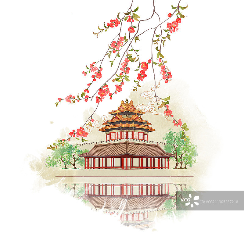 小清新水彩风格插画 角楼图片素材