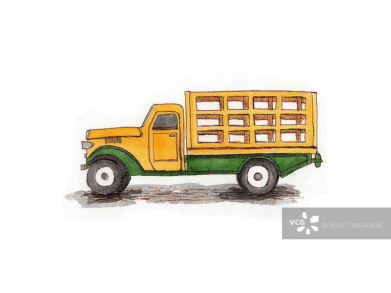 手绘钢笔淡彩复古货车军用车汽车素材插画图片素材